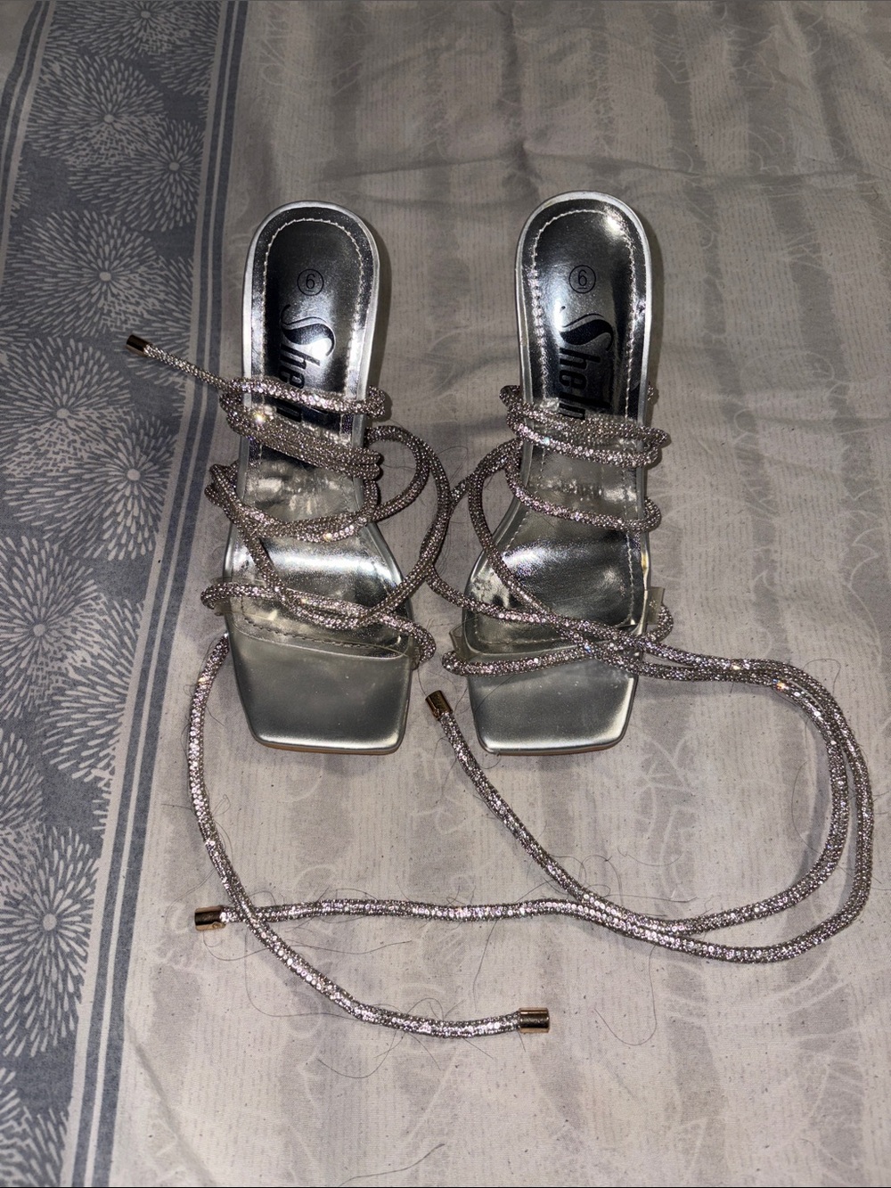 SHEIN Silver Glitter Lace-Up Heeled Sandals